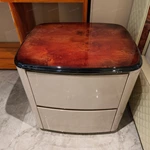 Curved Nightstand with Burl Natural Wood Veneer Top & Gold Stainless Steel Accents